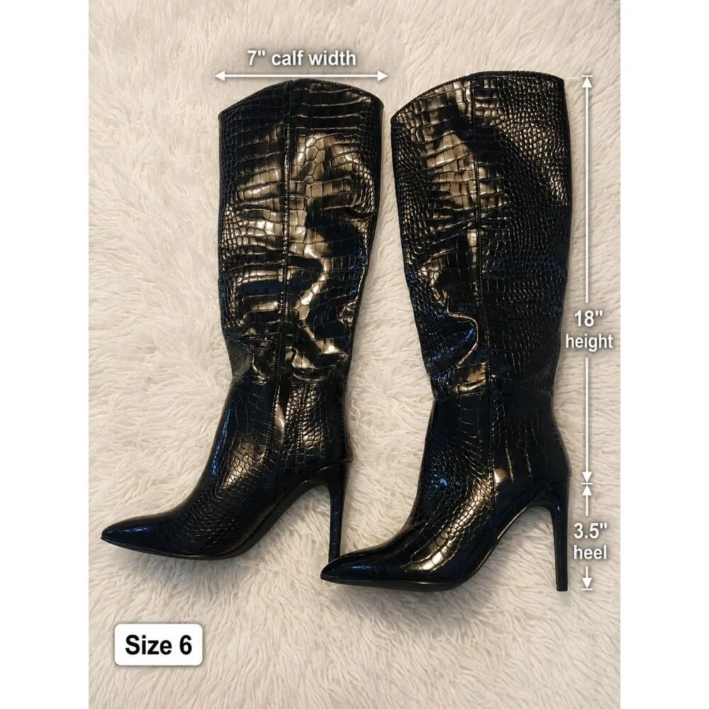 Black Croc-Embossed Knee-High Boots – Size 6